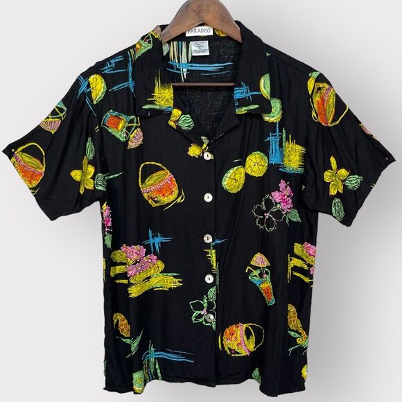 Paradiso‎ Button-Up Top Women Size PL Black Vacation Island Beach Rayon Beaded - Picture 1 of 10